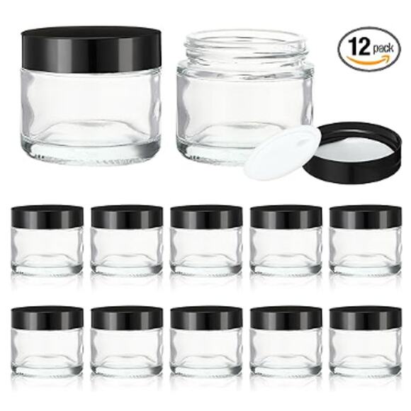 12 Pcs 2 oz Clear Round Glass Jars with Black Lids- Black, Clear - Picture 1 of 5